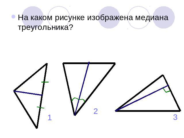 На каком рисунке изображена медиана треугольника?