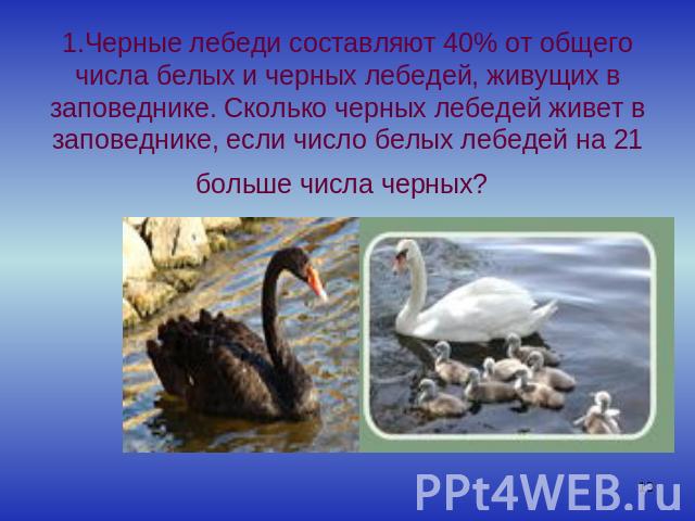 1.Черные лебеди составляют 40% от общего числа белых и черных лебедей, живущих в заповеднике. Сколько черных лебедей живет в заповеднике, если число белых лебедей на 21 больше числа черных?