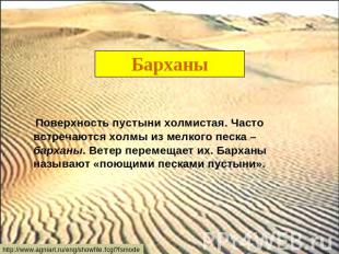 Барханы Поверхность пустыни холмистая. Часто встречаются холмы из мелкого песка