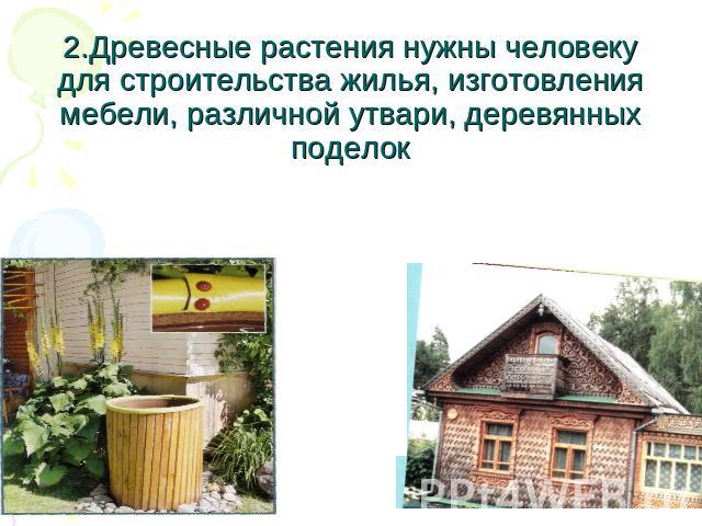 2.Древесные растения нужны человеку для строительства жилья, изготовления мебели, различной утвари, деревянных поделок