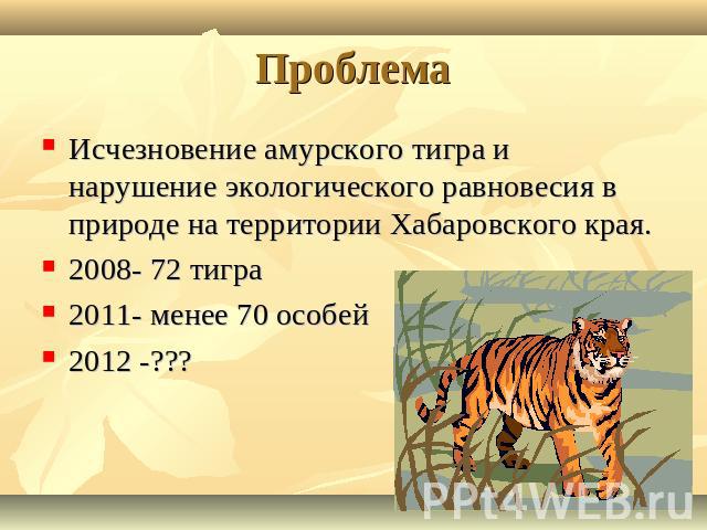 Проблема Исчезновение амурского тигра и нарушение экологического равновесия в природе на территории Хабаровского края. 2008- 72 тигра 2011- менее 70 особей 2012 -???
