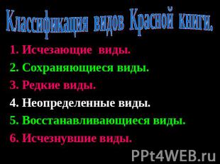 Классификация видов Красной книги. 1. Исчезающие виды. 2. Сохраняющиеся виды. 3.