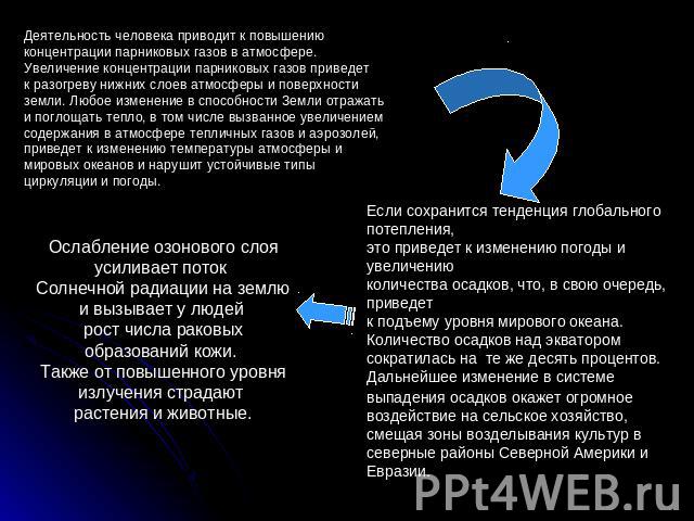 Деятельность человека приводит к повышению концентрации парниковых газов в атмосфере. Увеличение концентрации парниковых газов приведет к разогреву нижних слоев атмосферы и поверхности земли. Любое изменение в способности Земли отражать и поглощать …