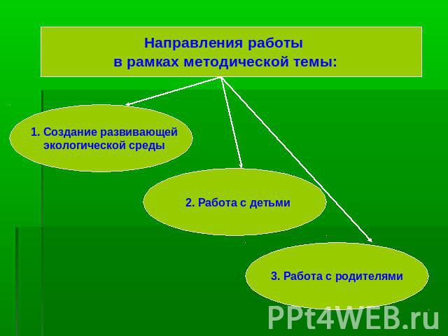 Направления работы в рамках методической темы: 1. Создание развивающей экологической среды2. Работа с детьми3. Работа с родителями