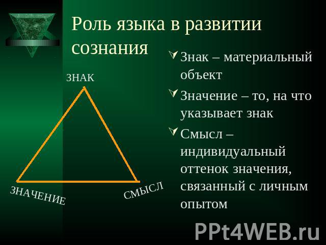 Роль языка в развитии сознания Знак – материальный объектЗначение – то, на что указывает знакСмысл – индивидуальный оттенок значения, связанный с личным опытом