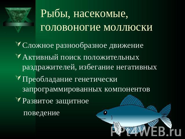 Рыбы, насекомые, головоногие моллюски Сложное разнообразное движениеАктивный поиск положительных раздражителей, избегание негативныхПреобладание генетически запрограммированных компонентовРазвитое защитное поведение