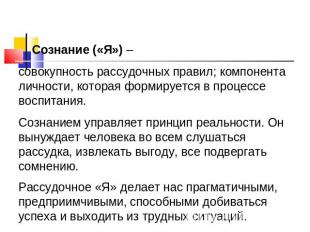 Сознание («Я») – совокупность рассудочных правил; компонента личности, которая ф