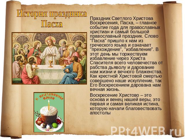 История праздникаПасха Праздник Светлого Христова Воскресения, Пасха, – главное событие года для православных христиан и самый большой православный праздник. Слово 