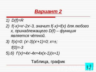 Вариант 2 1) D(f)=R2) f(-x)=x4-2x2-3, значит f(-x)=f(x) для любого х, принадлежа