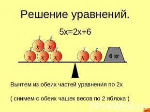 Решение уравнений. 5x=2x+6Вычтем из обеих частей уравнения по 2x ( снимем с обеи