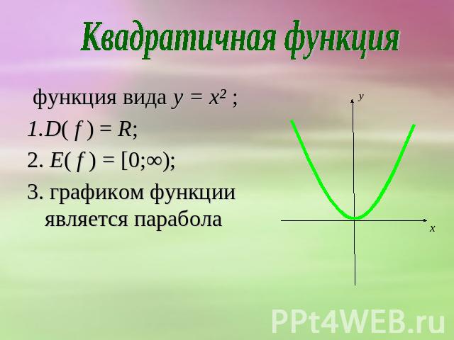 Квадратичная функция функция вида y = x² ; D( f ) = R;2. E( f ) = [0;∞); 3. графиком функции является парабола