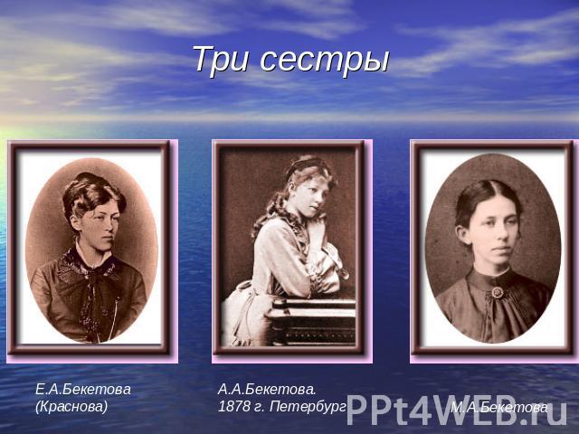 Три сестры Е.А.Бекетова(Краснова) А.А.Бекетова.1878 г. Петербург М.А.Бекетова