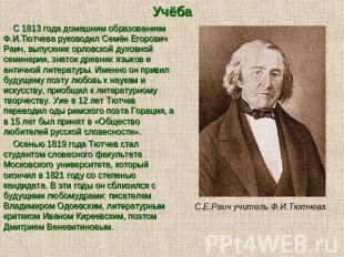 Учёба С 1813 года домашним образованием Ф.И.Тютчева руководил Семён Егорович Раи
