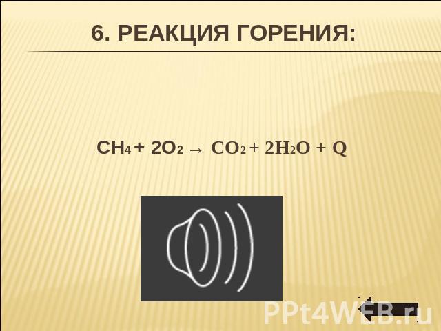 6. Реакция горения: CH4 + 2O2 → CO2 + 2H2O + Q