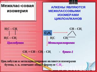 Межклас-совая изомерия Н2С – СН2 СН – СН3 Н2С – СН2 Н2С СН2 Циклобутан Метилцикл