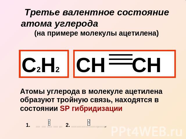 Третье валентное состояние атома углерода (на примере молекулы ацетилена) С2Н2 СН СН Атомы углерода в молекуле ацетилена образуют тройную связь, находятся в состоянии SP гибридизации