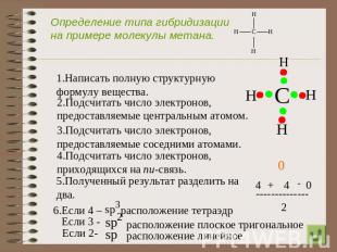 Определение типа гибридизации на примере молекулы метана. 1.Написать полную стру