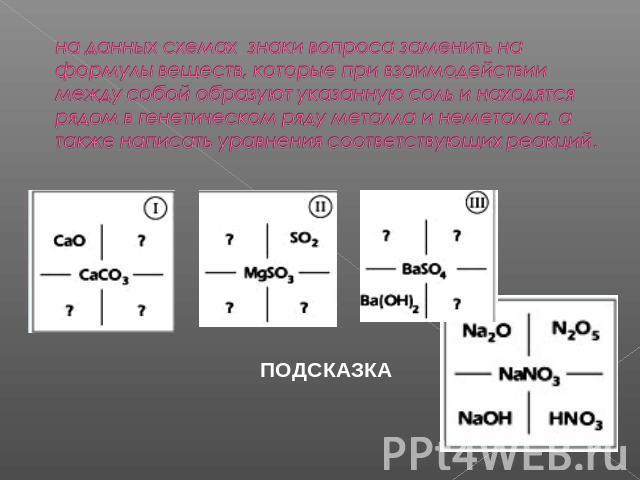 на данных схемах знаки вопроса заменить на формулы веществ, которые при взаимодействии между собой образуют указанную соль и находятся рядом в генетическом ряду металла и неметалла, а также написать уравнения соответствующих реакций.