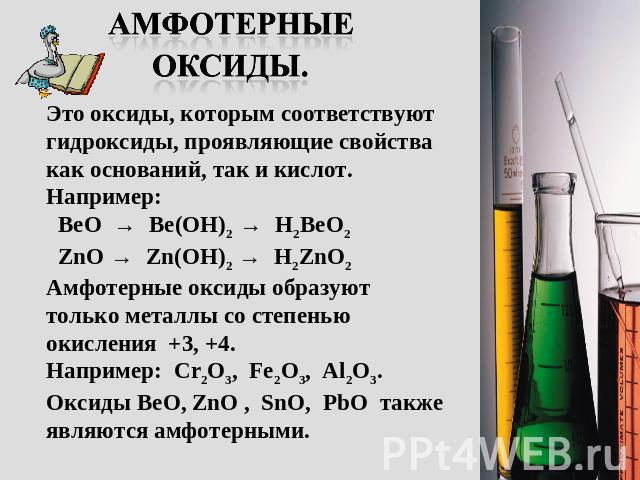Амфотерные Оксиды. Это оксиды, которым соответствуют гидроксиды, проявляющие свойства как оснований, так и кислот. Например: BeO → Be(OH)2 → H2BeO2 ZnO → Zn(OH)2 → H2ZnO2 Амфотерные оксиды образуют только металлы со степенью окисления +3, +4. Наприм…