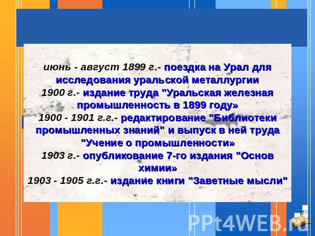 июнь - август 1899 г.- поездка на Урал для исследования уральской металлургии1900 г.- издание труда 