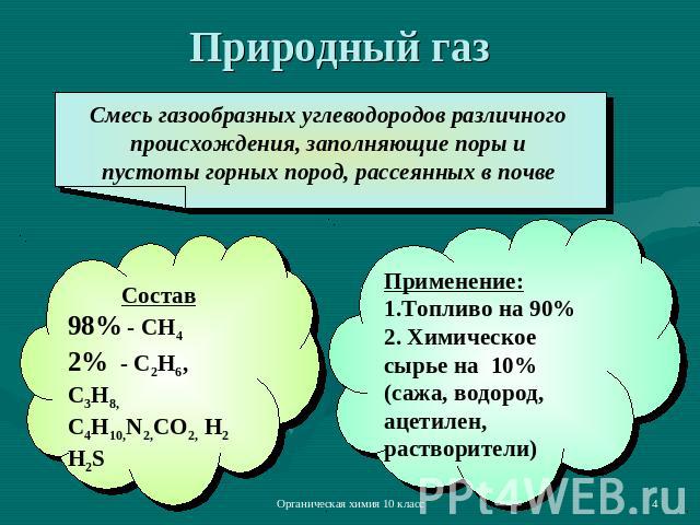 Природный газ Смесь газообразных углеводородов различного происхождения, заполняющие поры и пустоты горных пород, рассеянных в почве Состав 98% - СН4 2% - С2Н6, С3Н8, С4Н10,N2,CO2, Н2 Н2S Применение: 1.Топливо на 90% 2. Химическое сырье на 10% (сажа…