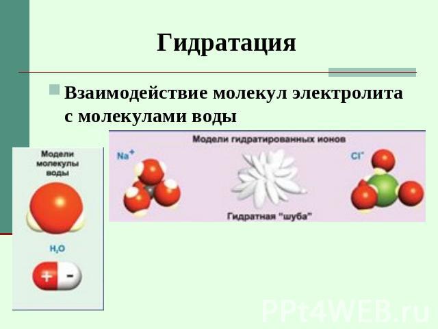 Гидратация Взаимодействие молекул электролита с молекулами воды
