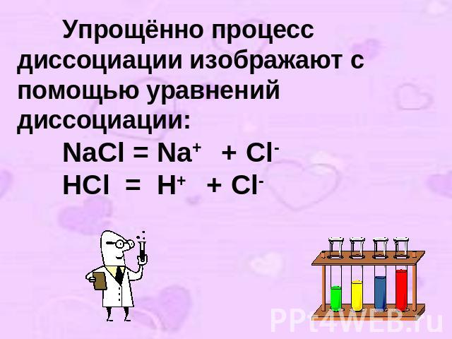 Упрощённо процесс диссоциации изображают с помощью уравнений диссоциации:NaCl = Na+ + Cl-HCl = H+ + Cl-