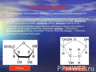 Моносахариды Моносахариды - это углеводы, которые не гидролизуются (не разлагают