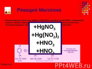 Реакция Миллона Реактив Миллона (раствор HgNO3 и Hg(NO2)2 в разбавленной HNO3, с