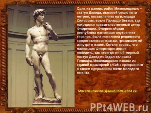 Одна из ранних работ Микеланджело – статуя Давида, высотой около пяти метров, по