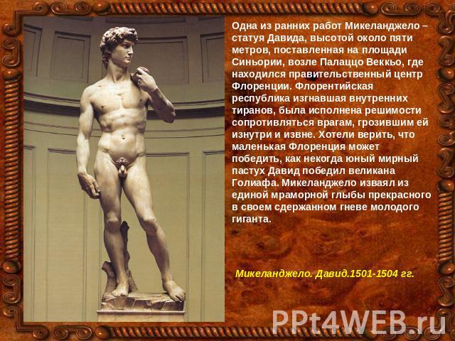 Одна из ранних работ Микеланджело – статуя Давида, высотой около пяти метров, поставленная на площади Синьории, возле Палаццо Веккьо, где находился правительственный центр Флоренции. Флорентийская республика изгнавшая внутренних тиранов, была исполн…