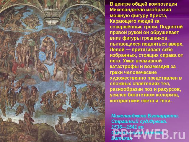 В центре общей композиции Микеланджело изобразил мощную фигуру Христа, Карающего людей за совершённые грехи. Поднятой правой рукой он обрушивает вниз фигуры грешников, пытающихся подняться вверх. Левой — притягивает себе избранных, стоящих справа от…