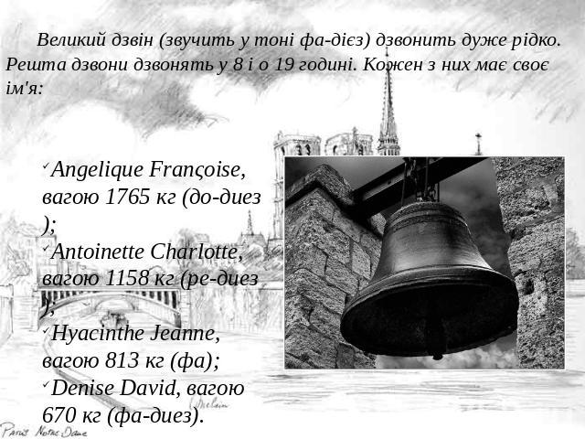 Великий дзвін (звучить у тоні фа-дієз) дзвонить дуже рідко. Решта дзвони дзвонять у 8 і о 19 годині. Кожен з них має своє ім'я: Angelique Franςoise, вагою 1765 кг (до-диез); Antoinette Charlotte, вагою 1158 кг (ре-диез); Hyacinthe Jeanne, вагою 813 …