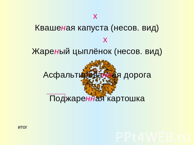 х Квашеная капуста (несов. вид) х Жареный цыплёнок (несов. вид) Асфальтированная дорога Поджаренная картошка