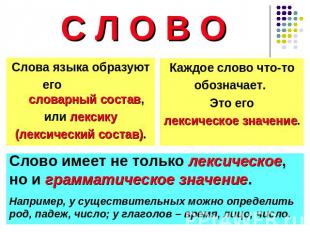 С Л О В О Слова языка образуют его словарный состав, или лексику (лексический со