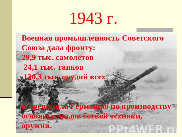 1943 г. Военная промышленность Советского Союза дала фронту:29,9 тыс. самолетов 24,1 тыс. танков 130,3 тыс. орудий всех и превзошла Германию по производству основных видов боевой техники, оружия.