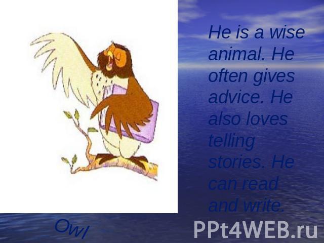 He is a wise animal. He often gives advice. He also loves telling stories. He can read and write. Owl