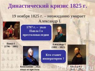 Династический кризис 1825 г. 19 ноября 1825 г. – неожиданно умирает Александр I.