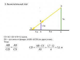 3. Вычислительный этап CS=AC+AS=4+8=12 шагов.DS – луч света от фонаря. ΔABS~ΔCDS