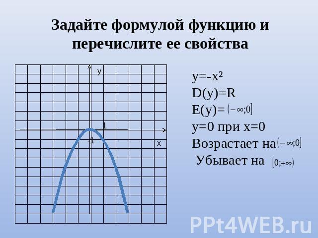 Задайте формулой функцию и перечислите ее свойства у=-х²D(y)=RE(y)= у=0 при х=0Возрастает на Убывает на