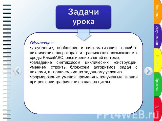 Задачи урока Обучающая:углубление, обобщение и систематизация знаний о циклических операторах и графических возможностях среды PascalABC, расширение знаний по теме;овладение синтаксисом циклических конструкций, умением строить блок-схем алгоритмов з…