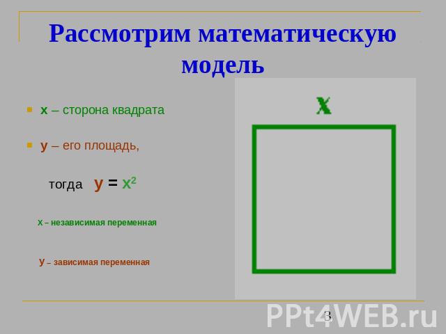 Рассмотрим математическую модель x – сторона квадратаy – его площадь, тогда y = x2 X – независимая переменная y – зависимая переменная