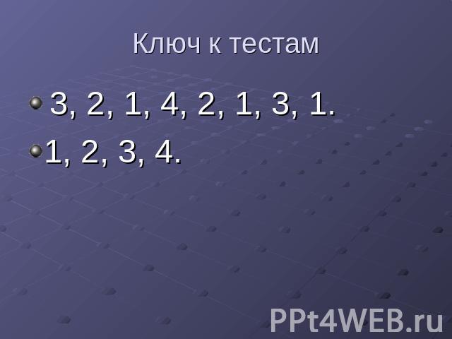 Ключ к тестам 3, 2, 1, 4, 2, 1, 3, 1.1, 2, 3, 4.