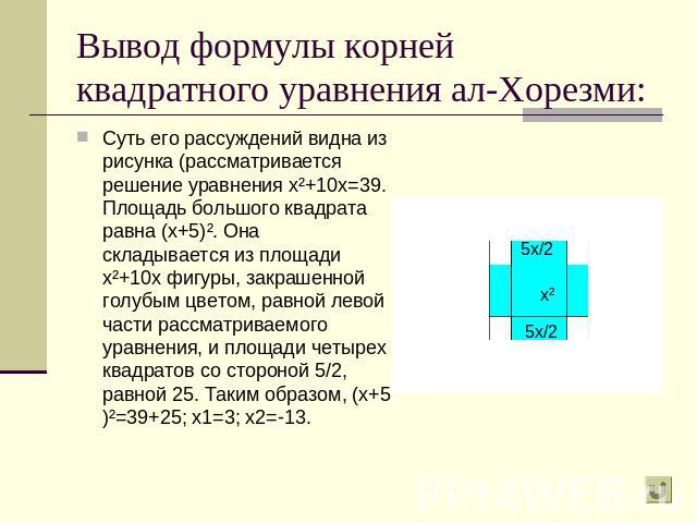 Вывод формулы корней квадратного уравнения ал-Хорезми: Суть его рассуждений видна из рисунка (рассматривается решение уравнения х²+10х=39. Площадь большого квадрата равна (х+5)². Она складывается из площади х²+10х фигуры, закрашенной голубым цветом,…