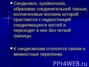 Синдесмоз, syndesmosis, образован соединительной тканью, коллагеновые волокна ко