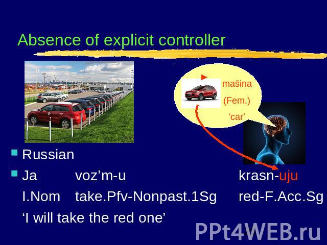 Absence of explicit controller RussianJavoz’m-ukrasn-ujuI.Nomtake.Pfv-Nonpast.1Sgred-F.Acc.Sg‘I will take the red one’