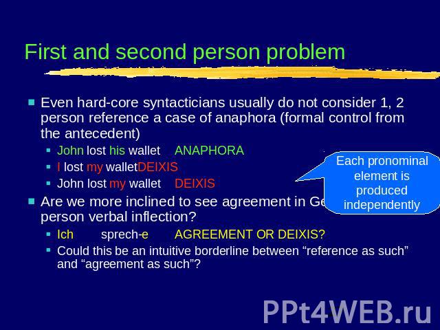 First and second person problem Even hard-core syntacticians usually do not consider 1, 2 person reference a case of anaphora (formal control from the antecedent)John lost his walletANAPHORAI lost my walletDEIXISJohn lost my walletDEIXISAre we more …