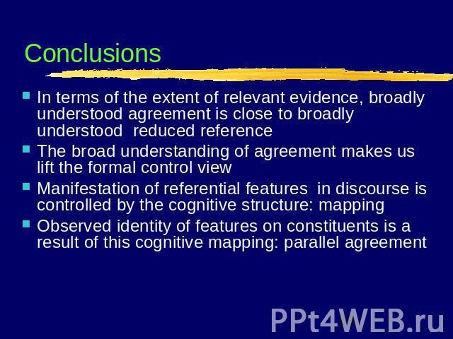 Conclusions In terms of the extent of relevant evidence, broadly understood agreement is close to broadly understood reduced referenceThe broad understanding of agreement makes us lift the formal control viewManifestation of referential features in …