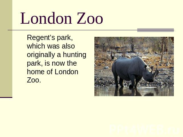 London Zoo Regent’s park, which was also originally a hunting park, is now the home of London Zoo.