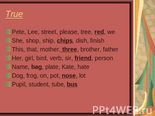 True Pete, Lee, street, please, tree, red, weShe, shop, ship, chips, dish, finis